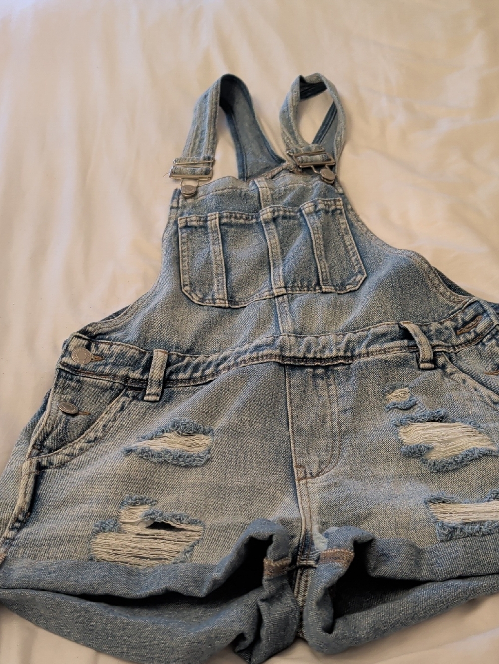 Light Wash Distressed Denim Short Overalls